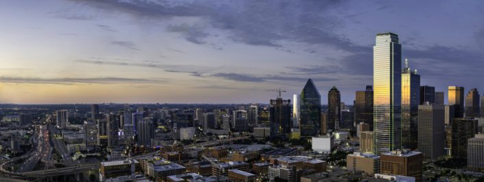 Dallas Texas skyline panorama evening aerial shot in May 2019