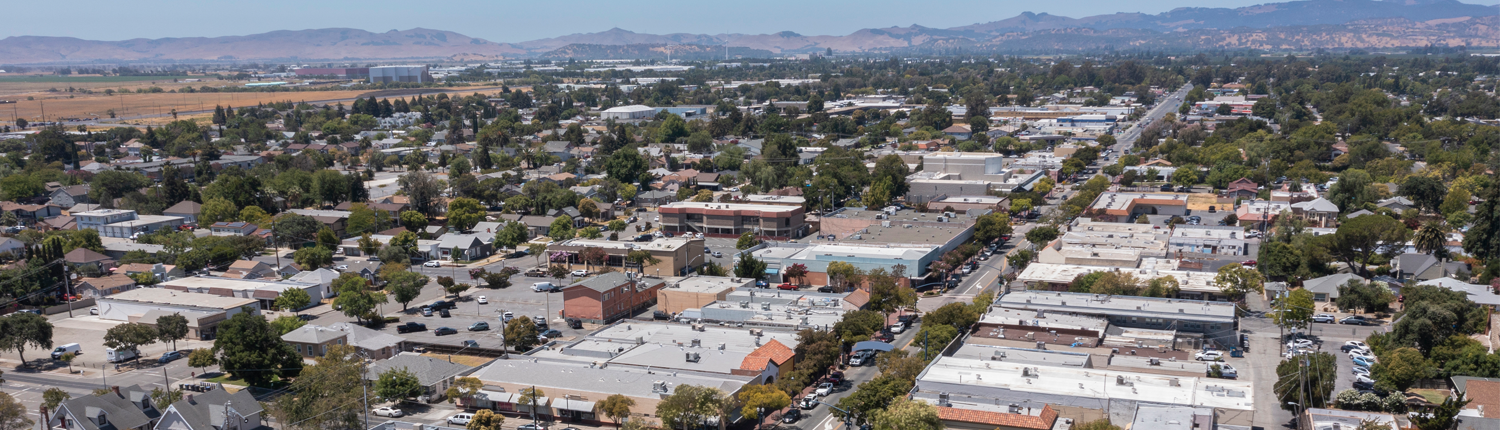 Aerial view across Fairfield, California and its Solano County setting
